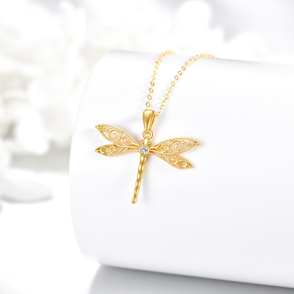 10K Gold Circular Shaped Cubic Zirconia Dragonfly Pendant Necklace-4