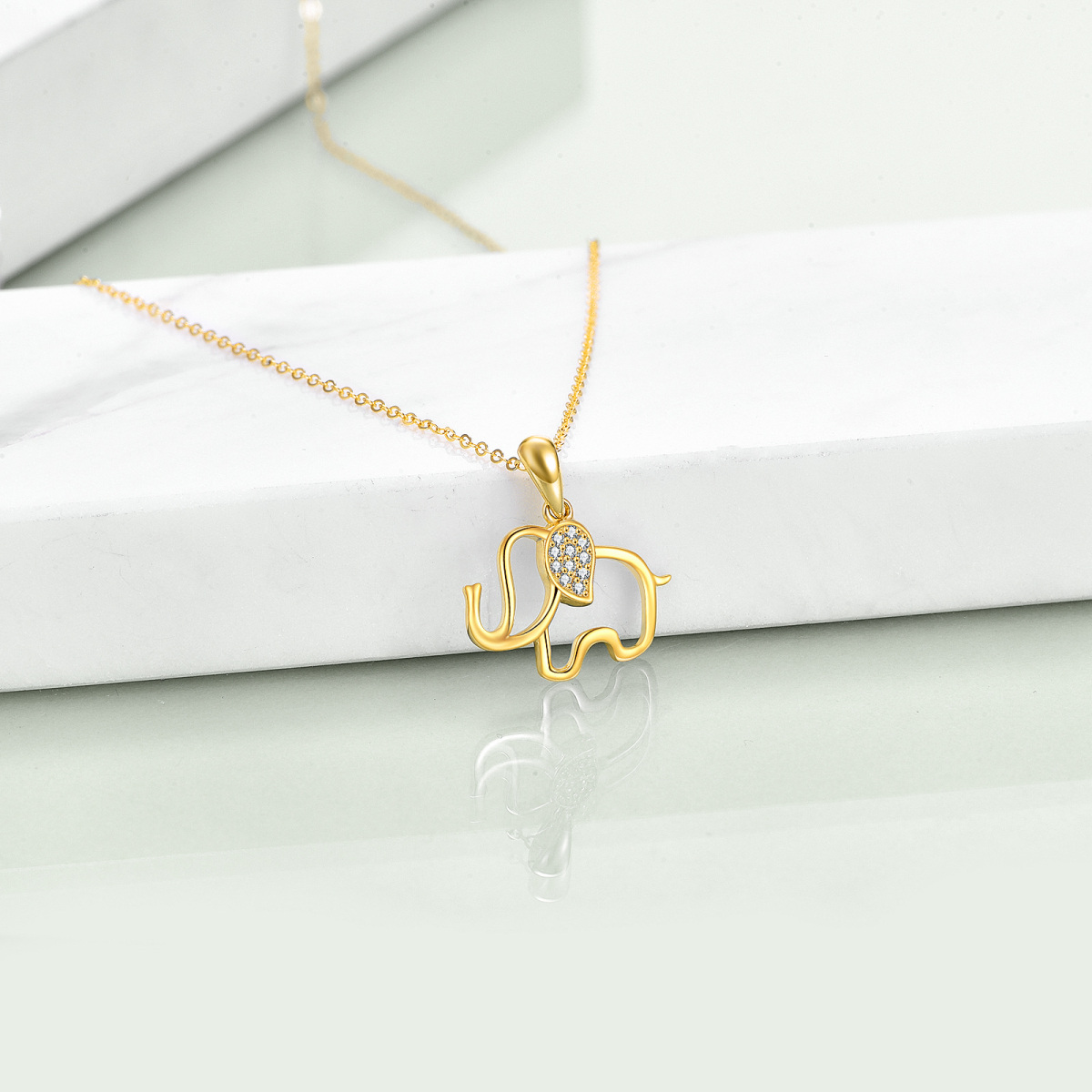 Collana con ciondolo a forma di elefante con zirconi circolari in oro 14K-3