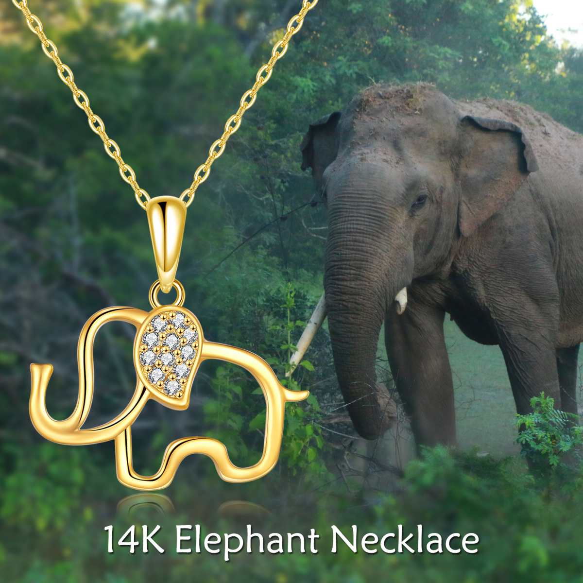 Colar com pingente de elefante de zircônia em ouro amarelo sólido real 14K para mulheres-6