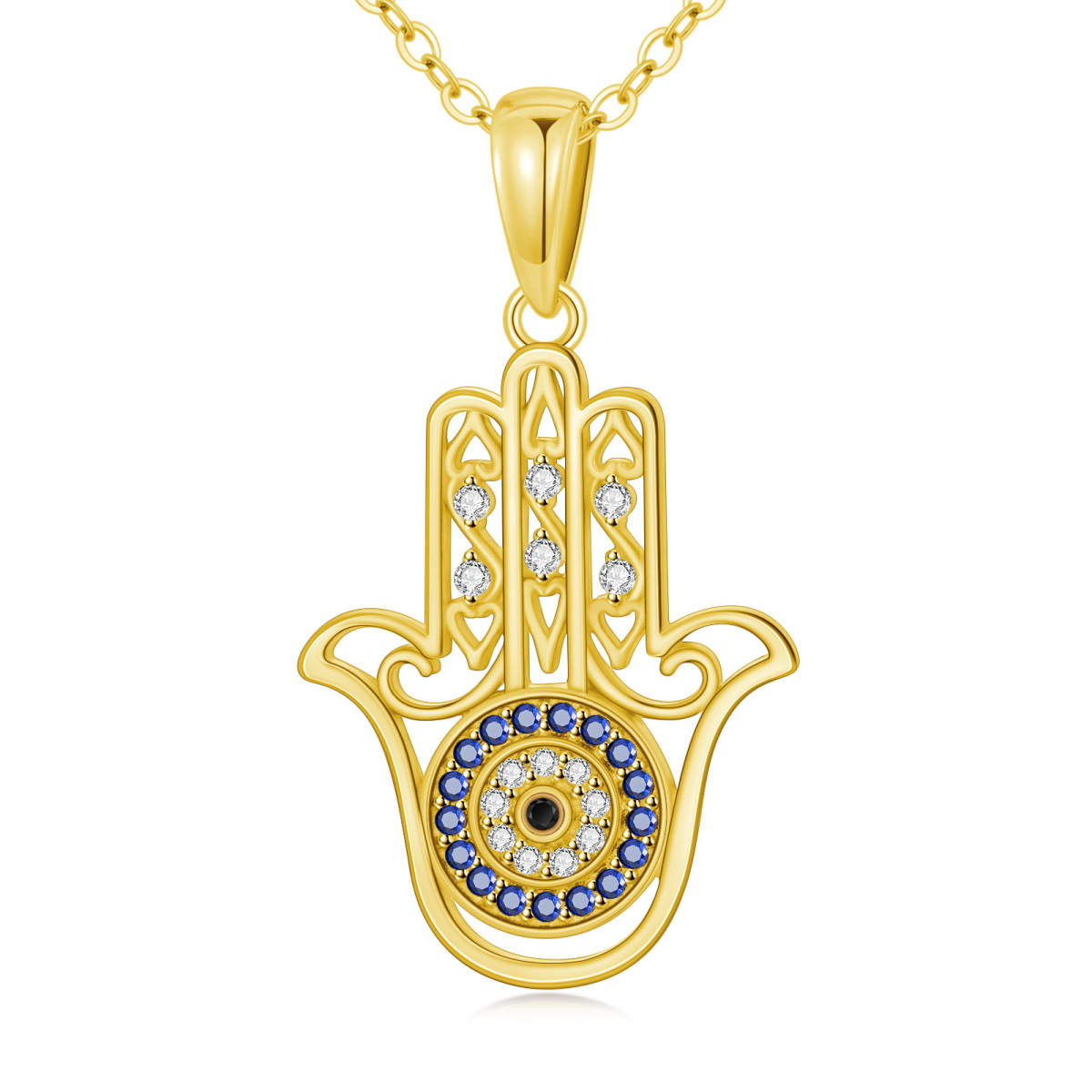 Collier en or 14K avec pendentif circulaire en zircon cubique Oeil maléfique et main Hamsa-1