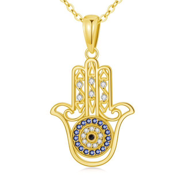 Collana con ciondolo a forma di circolare in oro 14K con zirconi e hamsa-1