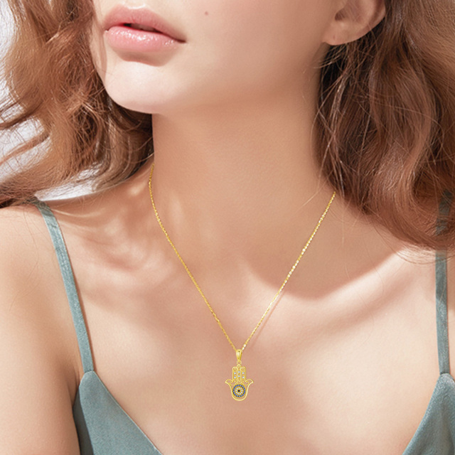 Collier en or 14K avec pendentif circulaire en zircon cubique Oeil maléfique et main Hamsa-2