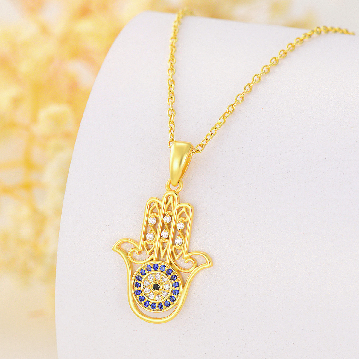 Collier en or 14K avec pendentif circulaire en zircon cubique Oeil maléfique et main Hamsa-3