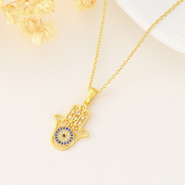 Collier en or 14K avec pendentif circulaire en zircon cubique Oeil maléfique et main Hamsa-4