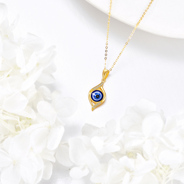 14K Gold Circular Shaped Cubic Zirconia Evil Eye Pendant Necklace-4