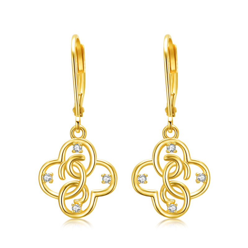 14K Gold Circular Shaped Cubic Zirconia Four Leaf Clover Lever-back Earrings-1