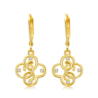 10K Gold Circular Shaped Cubic Zirconia Four Leaf Clover Lever-back Earrings-26