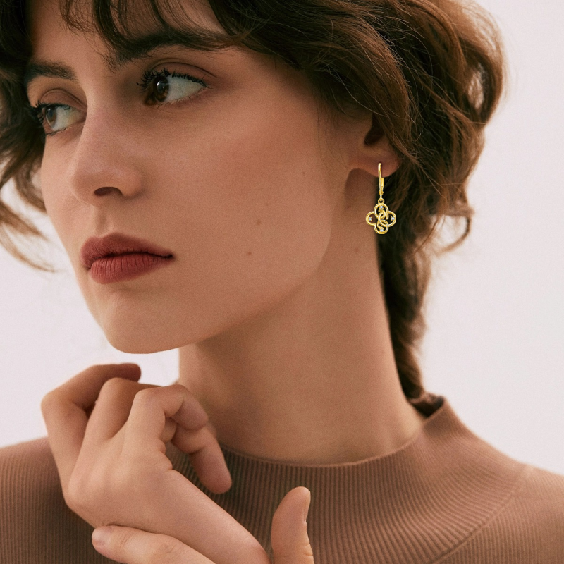 Boucles d'oreilles trèfle à quatre feuilles en or 10 carats avec zircon cubique circulaire et fermoir à levier-2