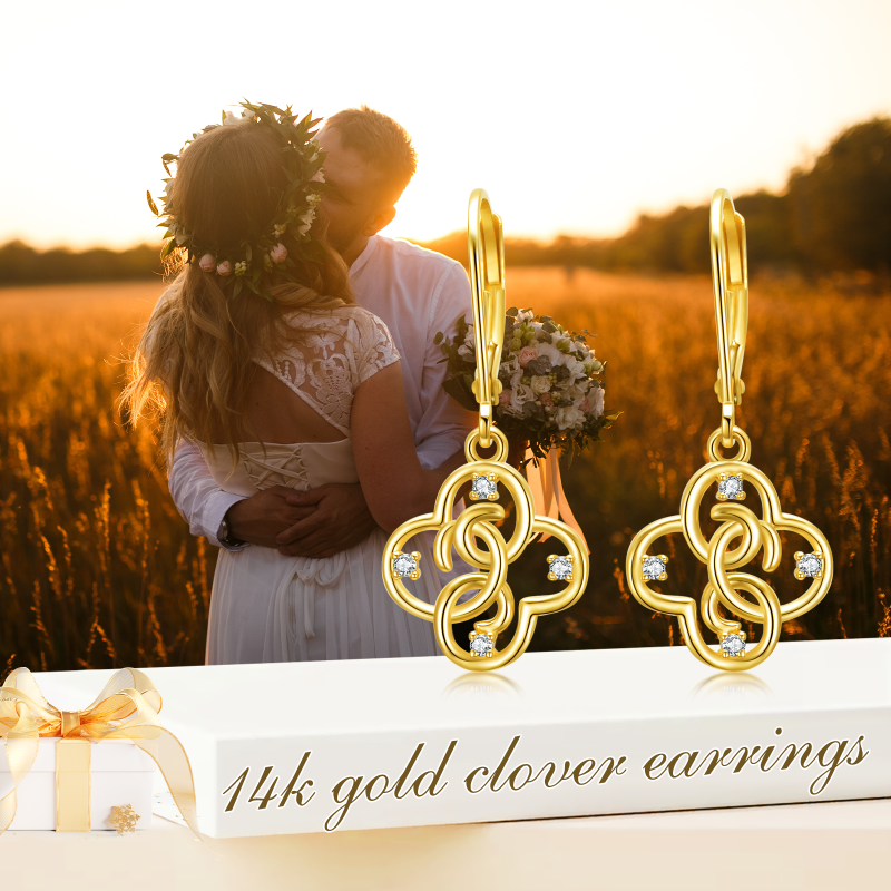 Boucles d'oreilles trèfle à quatre feuilles en or 10 carats avec zircon cubique circulaire et fermoir à levier-6