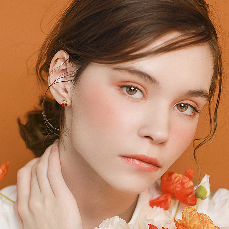 Sterling Silver with Yellow Gold Plated Round Cut Garnet Cherry Stud Earrings-2