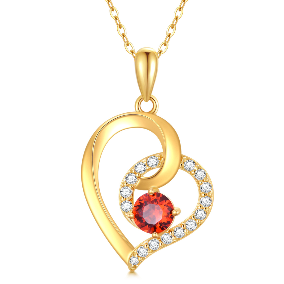 10K Gold Circular Shaped Cubic Zirconia & Garnet Heart Pendant Necklace-1