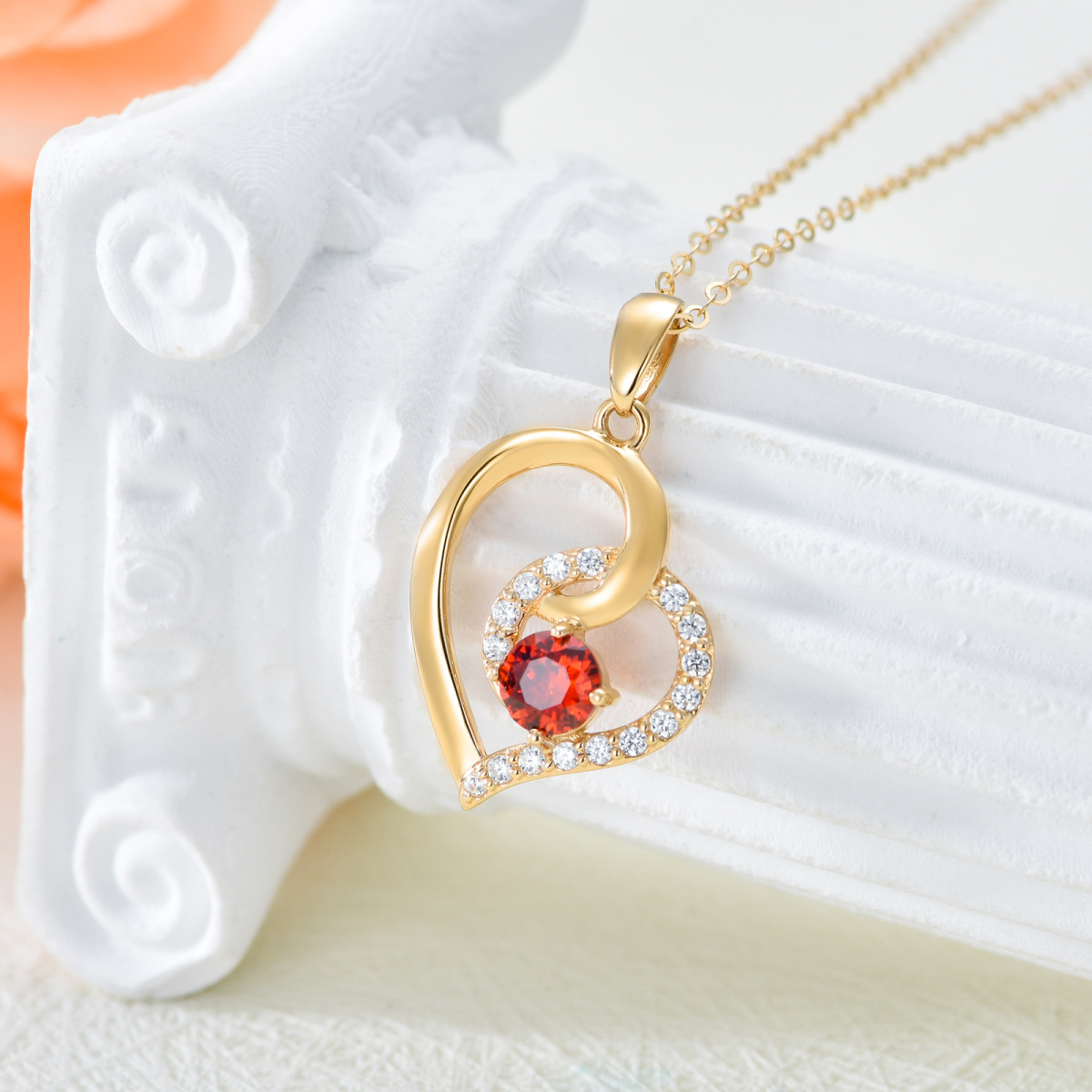 10K Gold Circular Shaped Cubic Zirconia & Garnet Heart Pendant Necklace-3