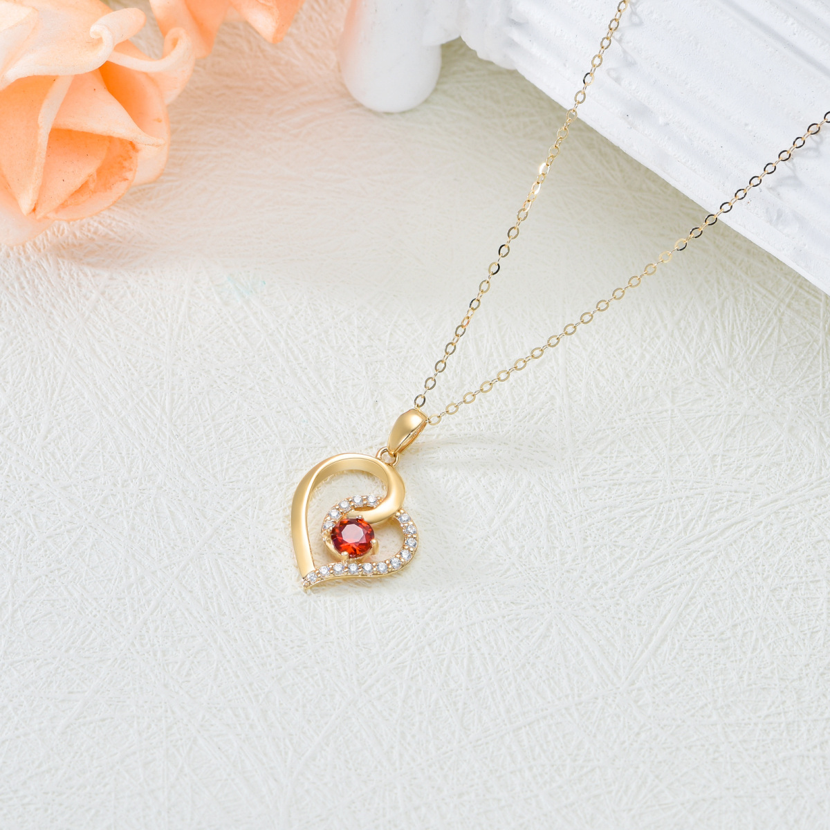 10K Gold Circular Shaped Cubic Zirconia & Garnet Heart Pendant Necklace-4