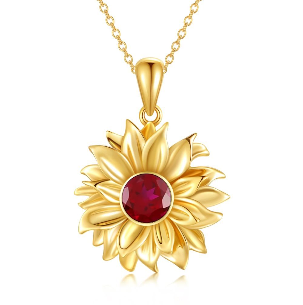 Collar con colgante de girasol y granate en forma circular de oro de 10 quilates-1