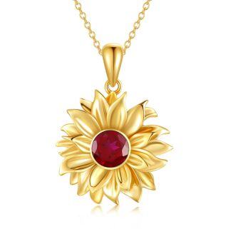 10K Gold Circular Shaped Garnet Sunflower Pendant Necklace-10