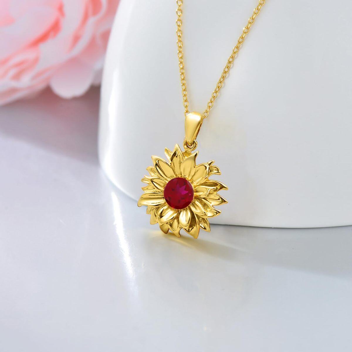 14K Gold Circular Shaped Garnet Sunflower Pendant Necklace-3