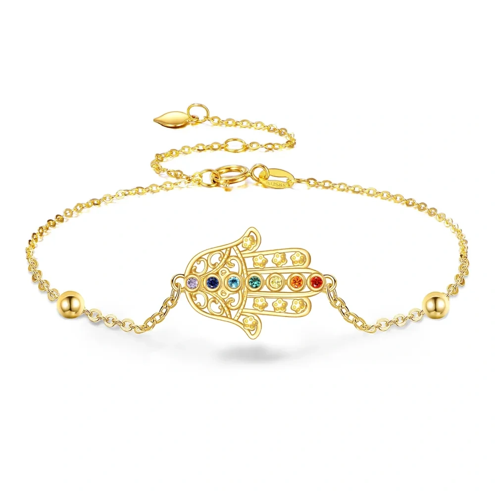 10K Gold Circular Shaped Cubic Zirconia Hand Of Fatima Charm Bracelet-1