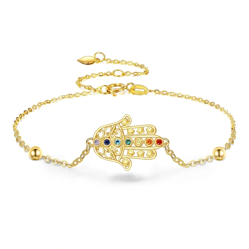 10K Gold Circular Shaped Cubic Zirconia Hand Of Fatima Charm Bracelet-5