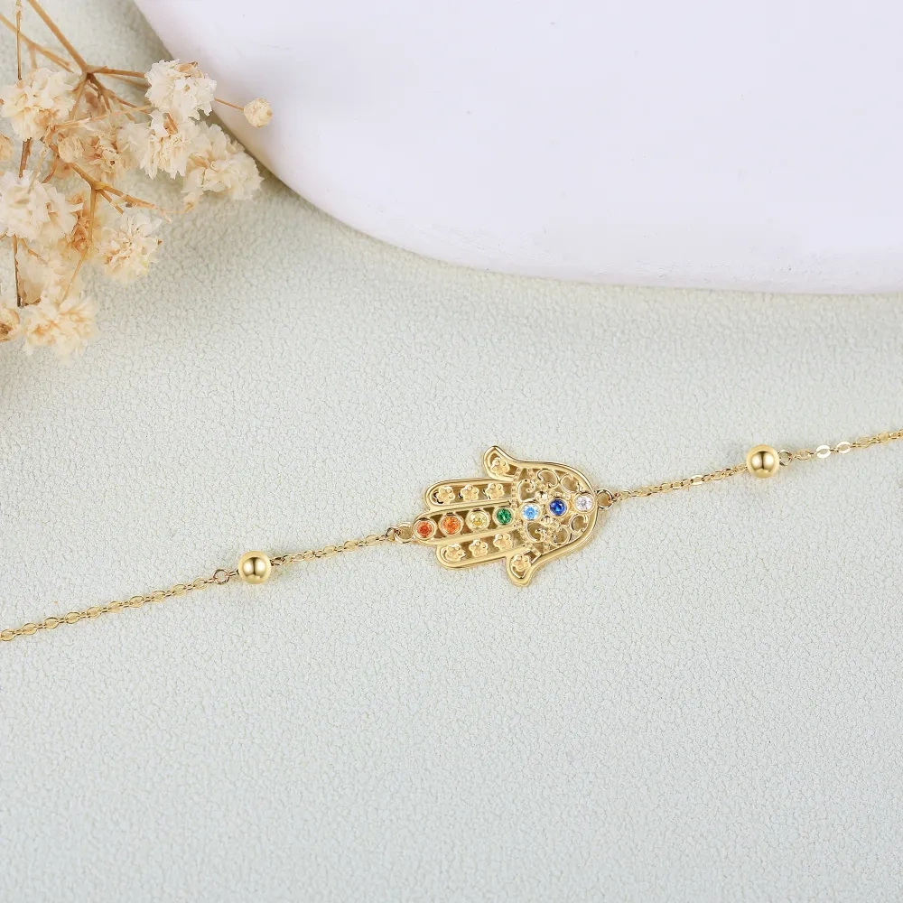 10K Gold Circular Shaped Cubic Zirconia Hand Of Fatima Charm Bracelet-3
