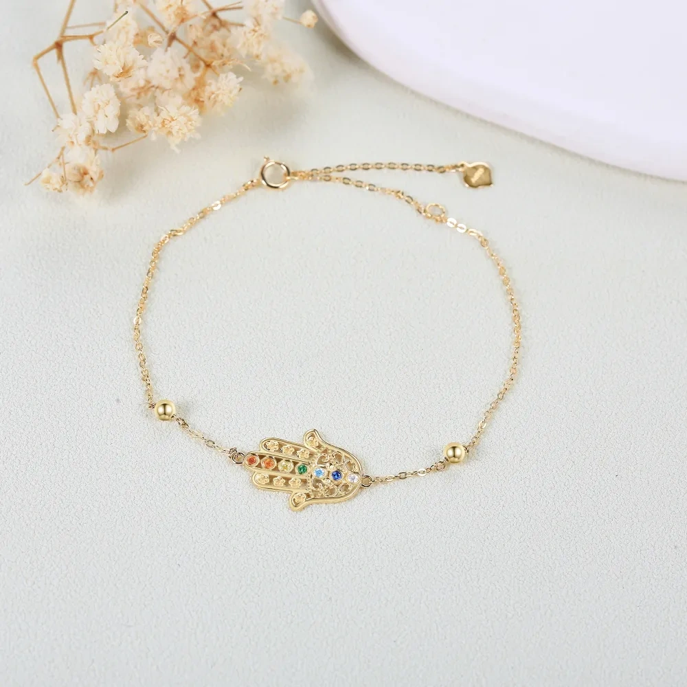 10K Gold Circular Shaped Cubic Zirconia Hand Of Fatima Charm Bracelet-4