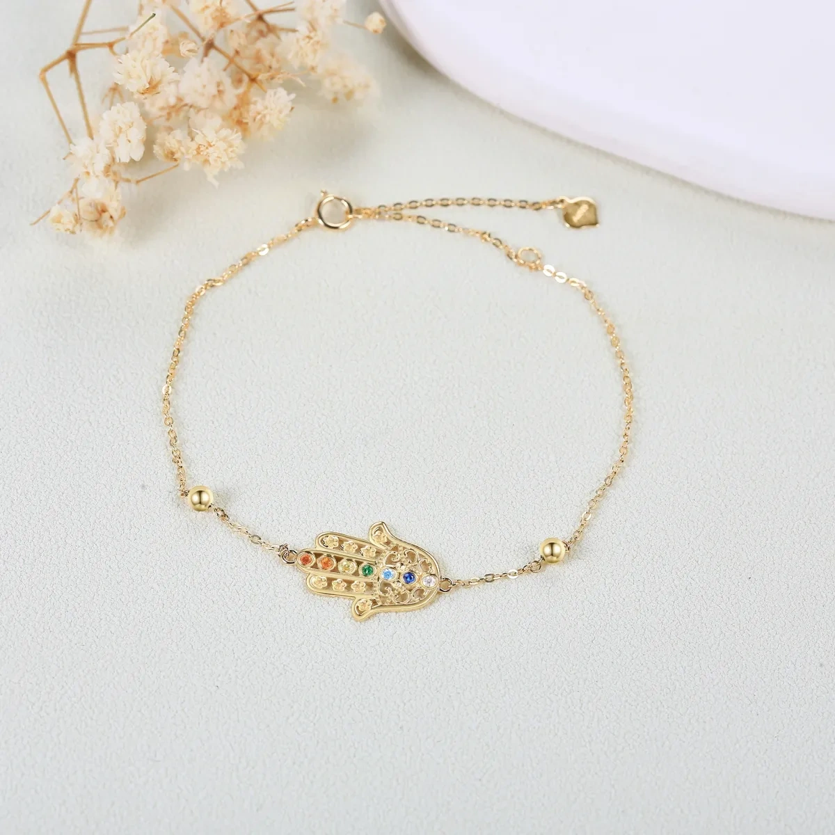 14K Gold kreisförmig Cubic Zirkonia Hand der Fatima Anhänger Armband-4