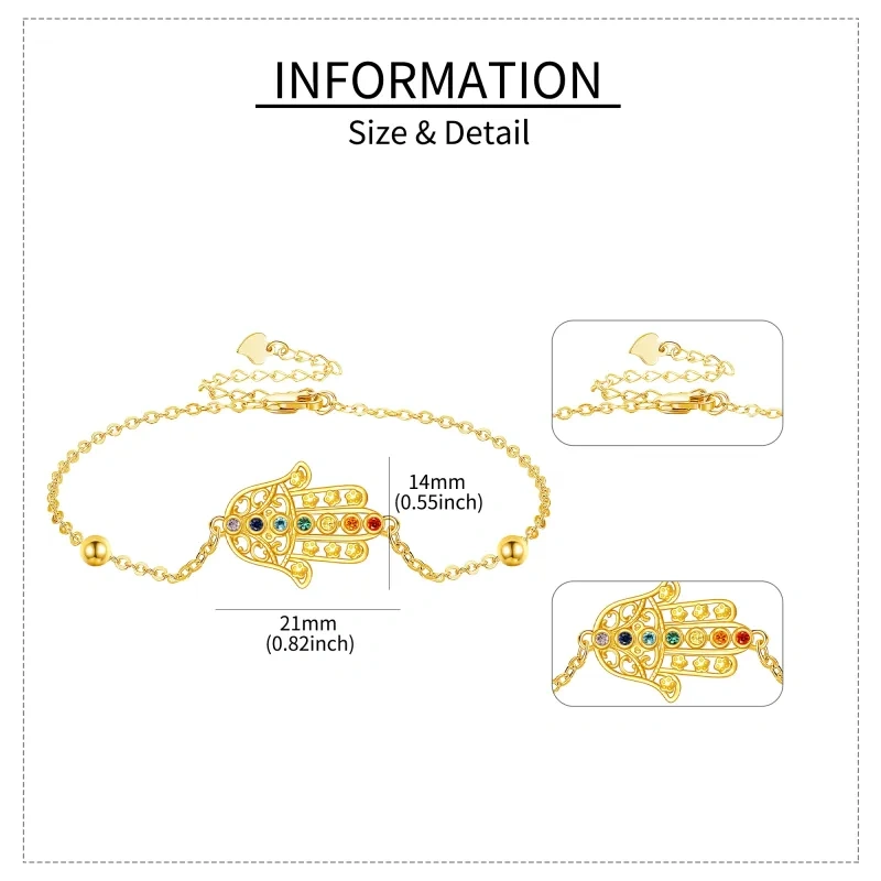 14-karatowa złota bransoletka z zawieszką w kształcie ręki Fatimy z cyrkoniami sześciennymi-5