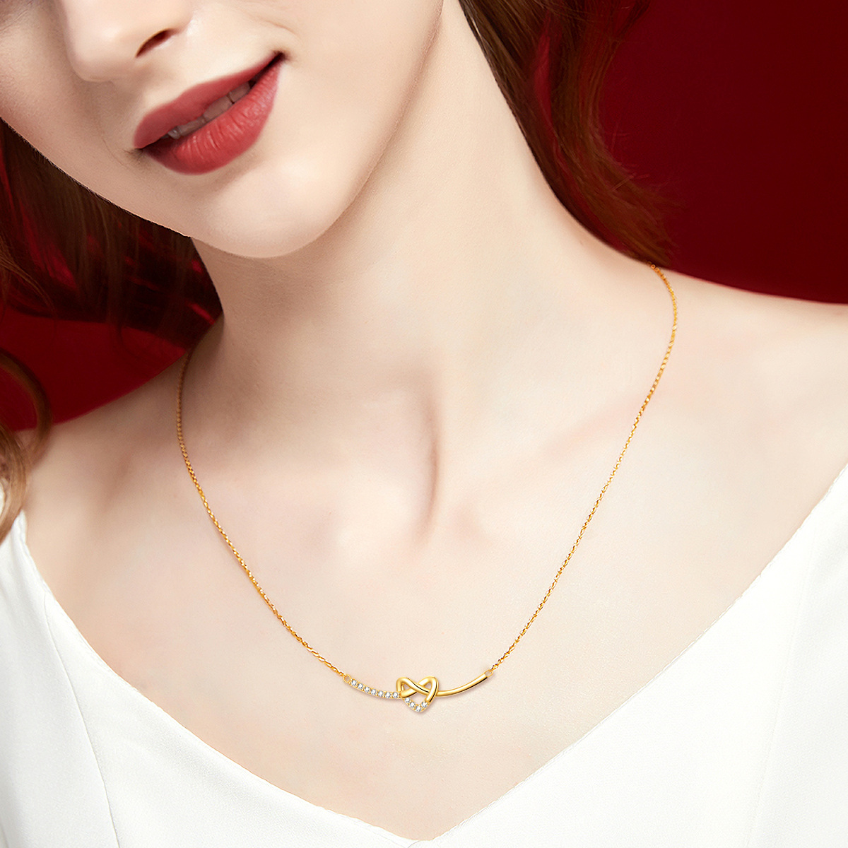 Collana a forma circolare in oro 14K con barra a forma di cuore in zirconia cubica-2