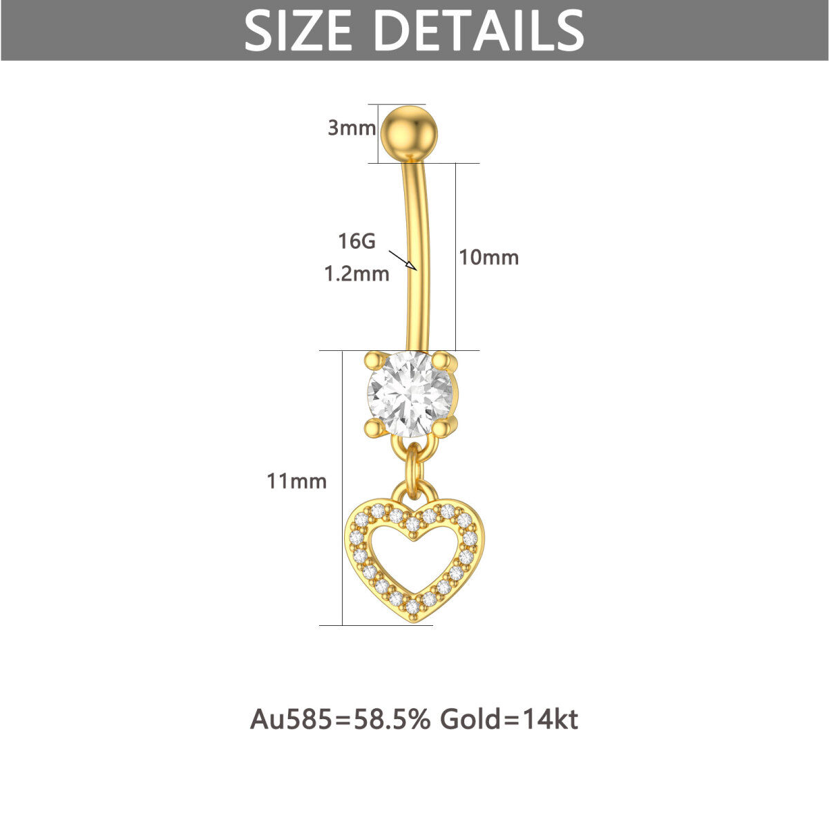 10K Gold Circular Shaped Cubic Zirconia Heart Belly Button Ring-6