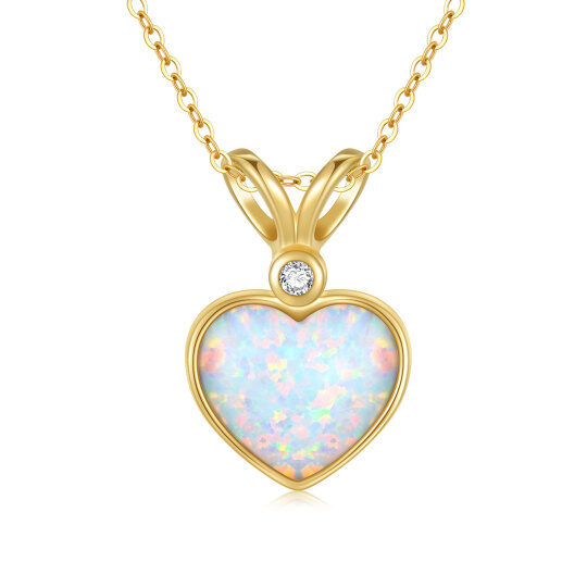 14K Gold Circular Shaped & Heart Shaped Diamond & Opal Heart Pendant Necklace