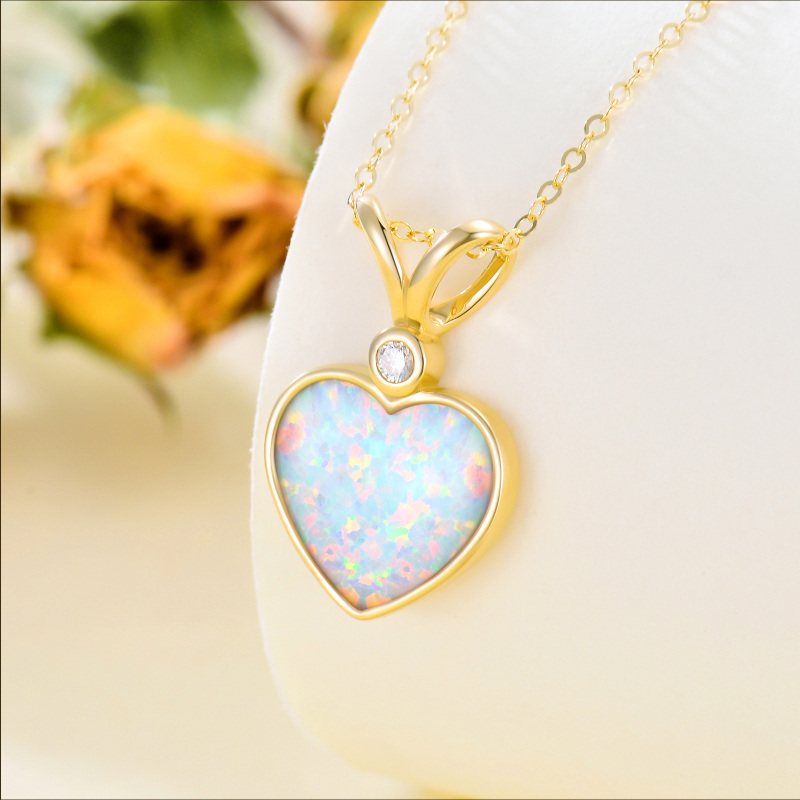 10K Gold Circular Diamond & Heart Opal Pendant Necklace For Women Best Friends-3