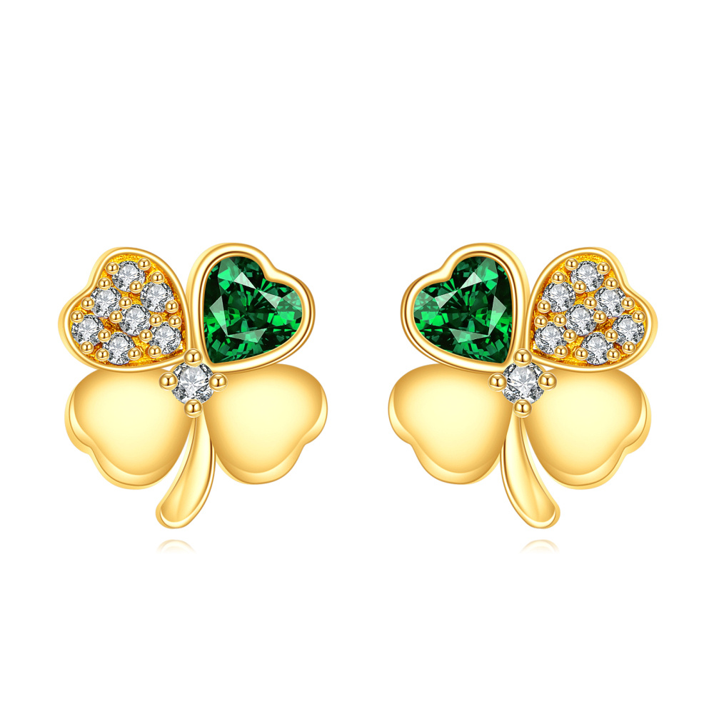10K Gold Heart Cubic Zirconia Four Leaf Clover Stud Earrings For Women-1