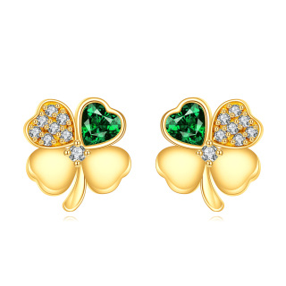 10K Gold Heart Cubic Zirconia Four Leaf Clover Stud Earrings For Women-20