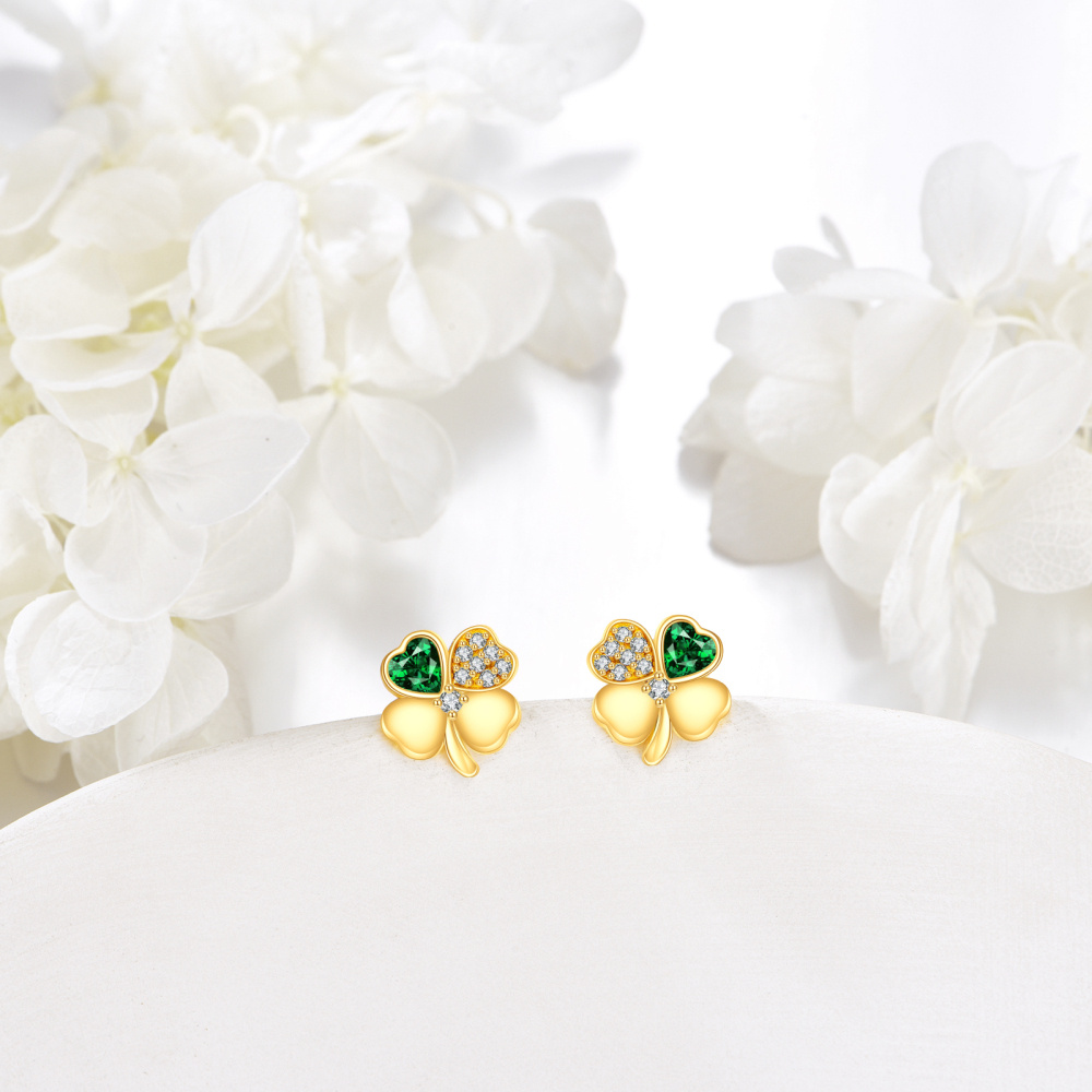 10K Gold Heart Cubic Zirconia Four Leaf Clover Stud Earrings For Women-3