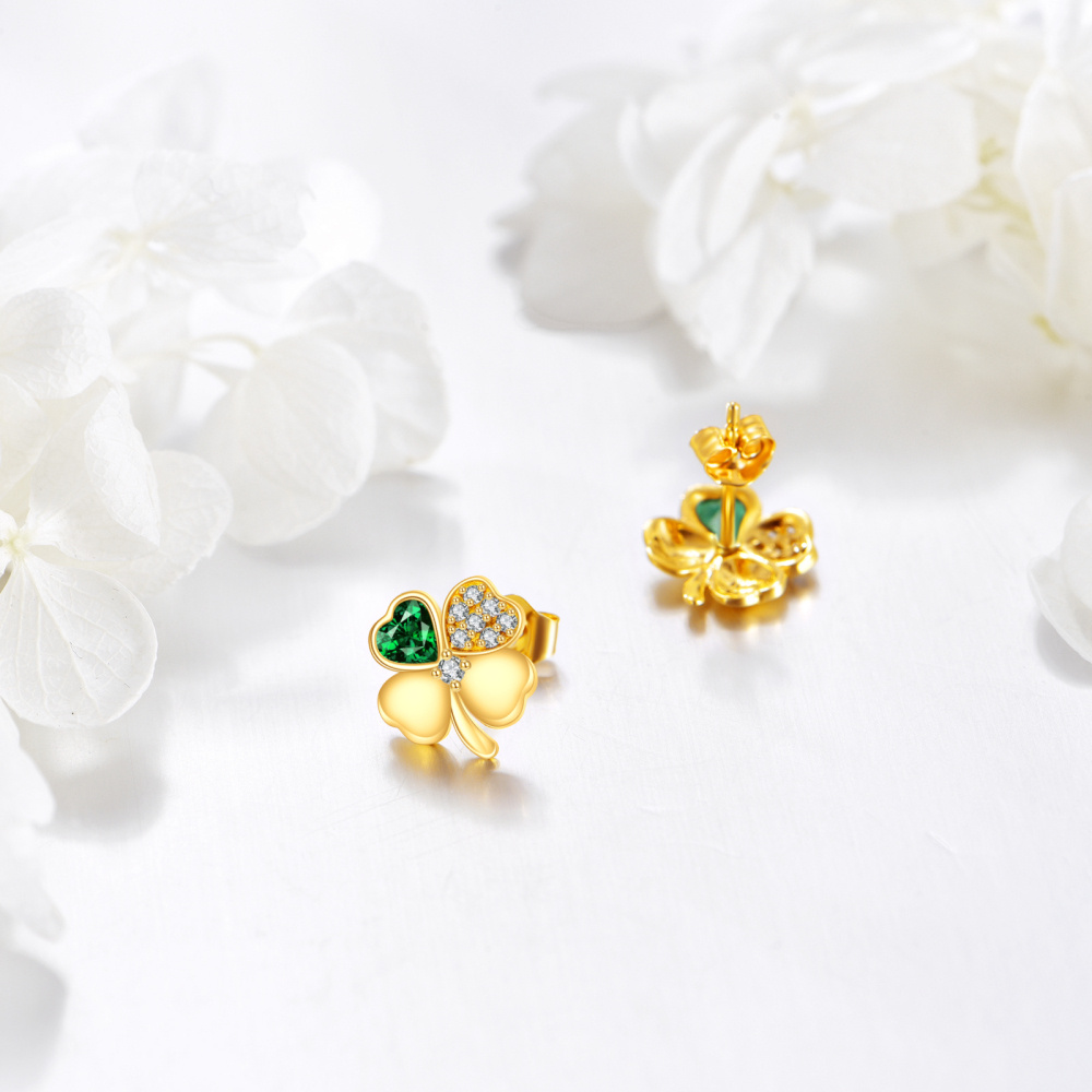 10K Gold Heart Cubic Zirconia Four Leaf Clover Stud Earrings For Women-5
