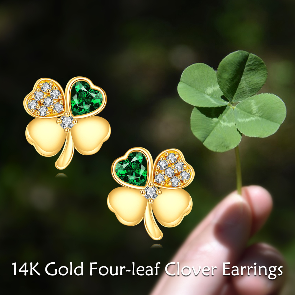 10K Gold Heart Cubic Zirconia Four Leaf Clover Stud Earrings For Women-6