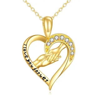 10K Gold Circular Shaped Cubic Zirconia Heart & Hold Hands Pendant Necklace with Engraved Word-10