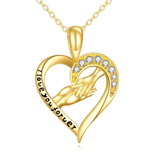 14K Gold Circular Shaped Cubic Zirconia Heart & Hold Hands Pendant Necklace with Engraved Word