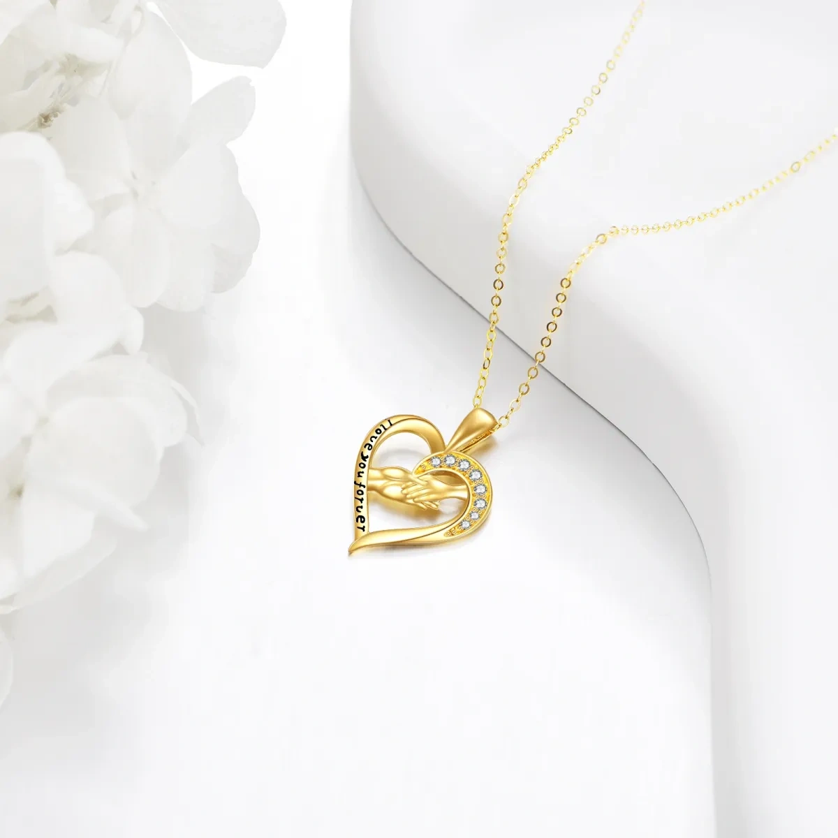 10K Gold Circular Shaped Cubic Zirconia Heart & Hold Hands Pendant Necklace with Engraved Word-3