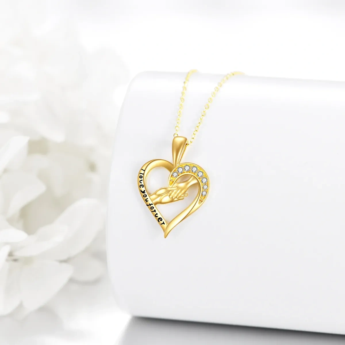 10K Gold Circular Shaped Cubic Zirconia Heart & Hold Hands Pendant Necklace with Engraved Word-4