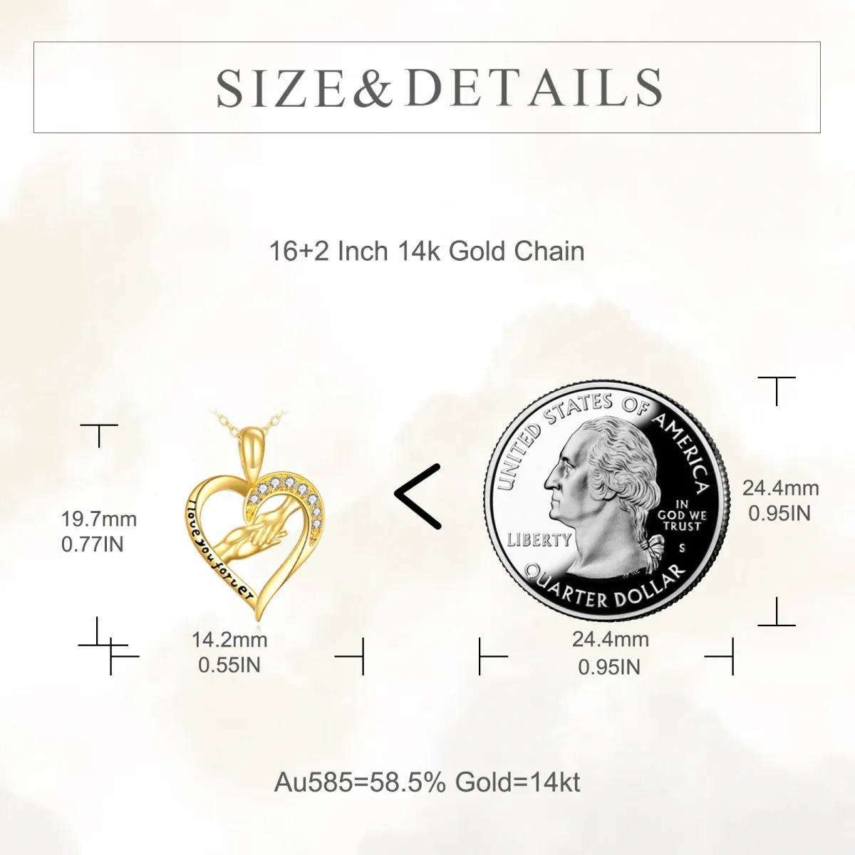 10K Gold Circular Shaped Cubic Zirconia Heart & Hold Hands Pendant Necklace with Engraved Word-5