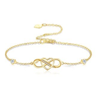 10K Yellow Gold Circular Heart Cubic Zirconia Heart With Infinity Symbol Charm Bracelet For Women-23