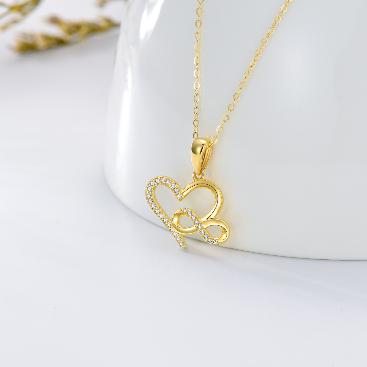 Collier en or 14K avec pendentif circulaire en zircon cubique en forme de coeur et symbole-4