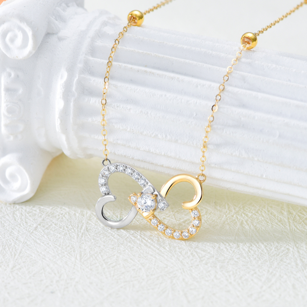 Collar con colgante de corazón y circonita cúbica circular de dos tonos de oro de 14 quilates para mujer-3