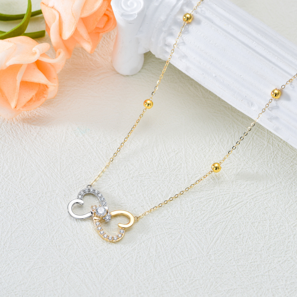 Collar con colgante de corazón y circonita cúbica circular de dos tonos de oro de 14 quilates para mujer-4