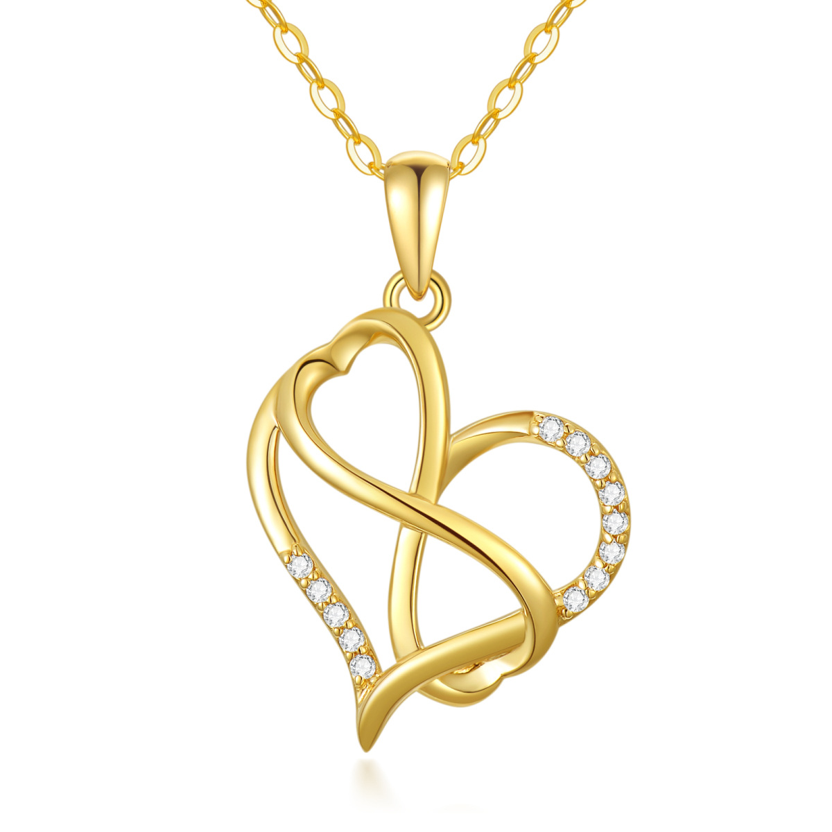 Collana con ciondolo a forma di cuore e simbolo dell'infinito in oro 14K a forma di cerchio con zirconia cubica-1