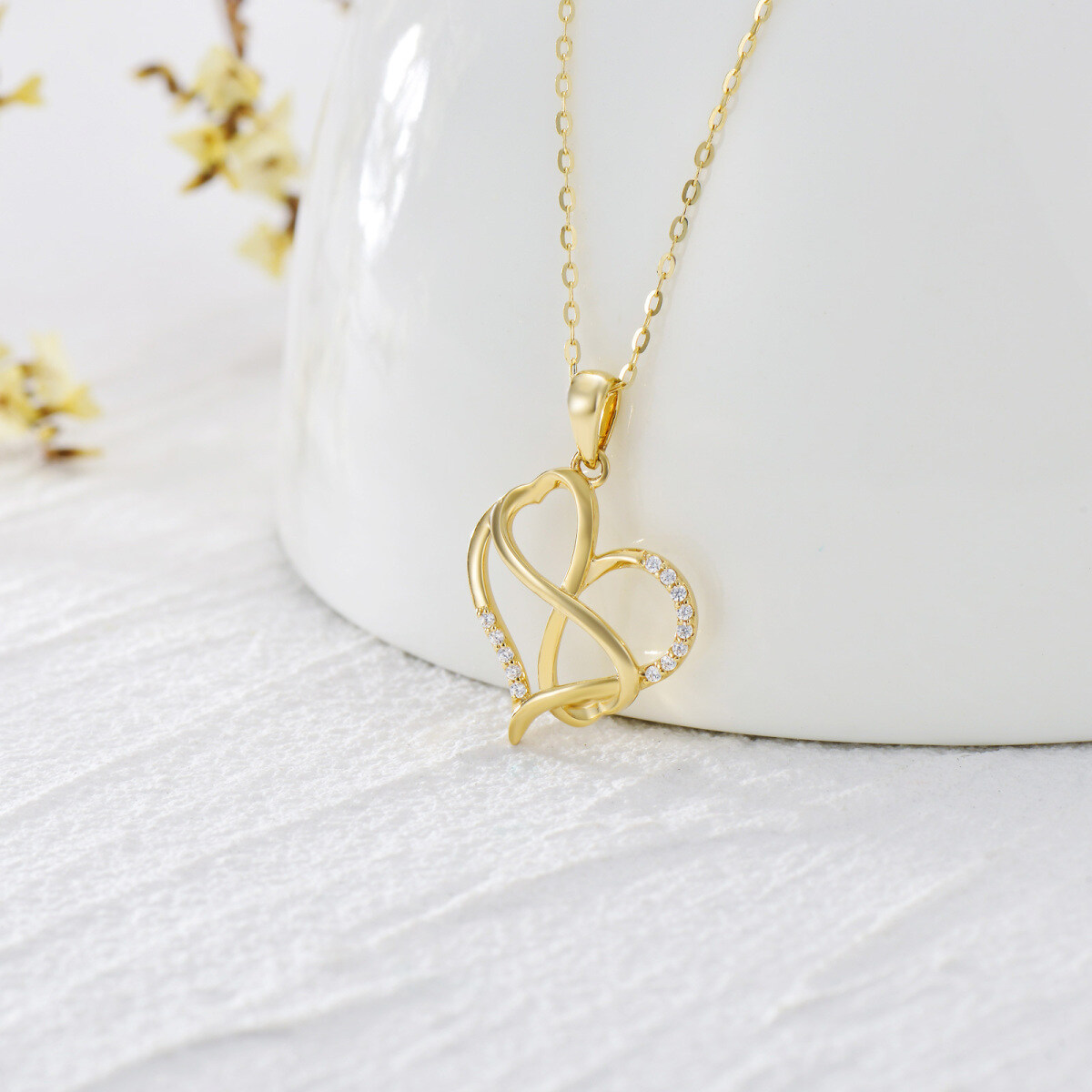 Collana con ciondolo a forma di cuore e simbolo dell'infinito in oro 14K a forma di cerchio con zirconia cubica-3