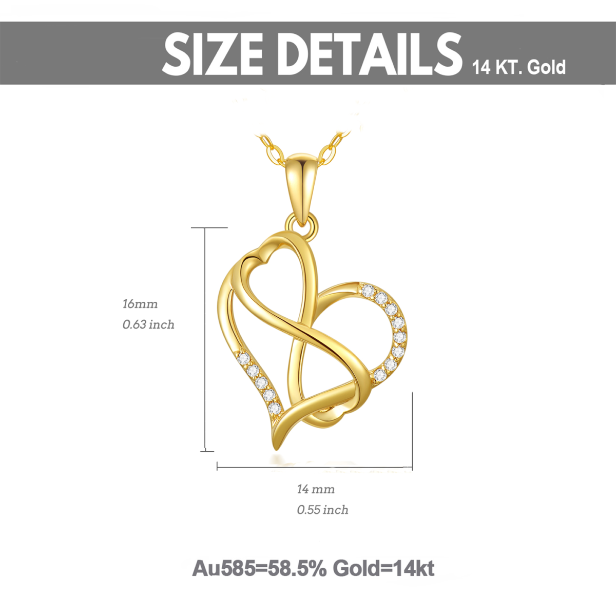 Collana con ciondolo a forma di cuore e simbolo dell'infinito in oro 14K a forma di cerchio con zirconia cubica-6