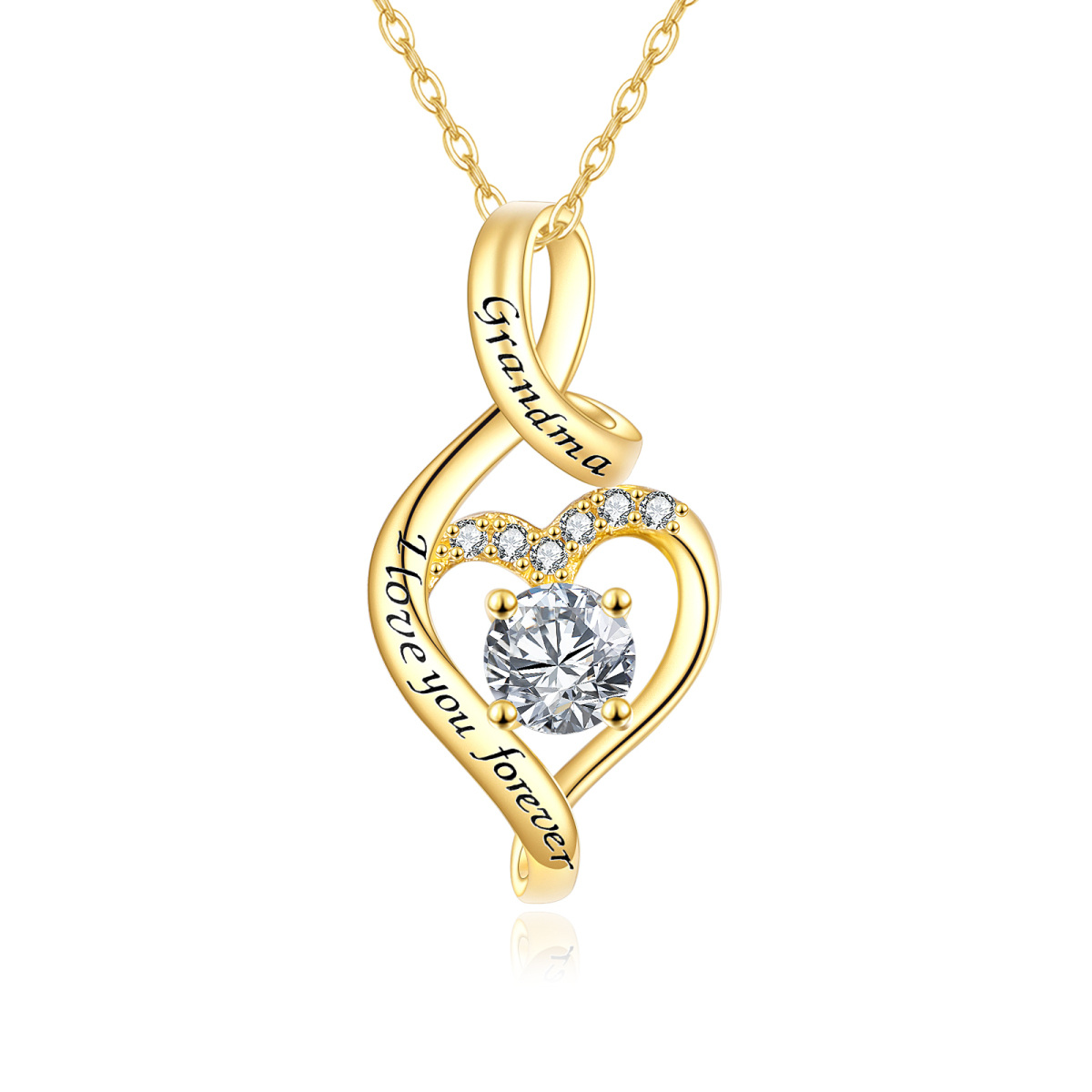 10K Gold Circular Shaped Cubic Zirconia Heart & Infinity Symbol Pendant Necklace with Engraved Word-1