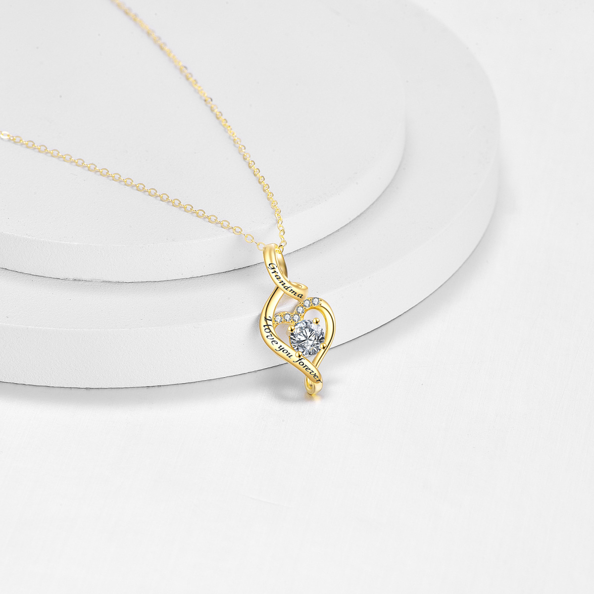 10K Gold Circular Shaped Cubic Zirconia Heart & Infinity Symbol Pendant Necklace with Engraved Word-3