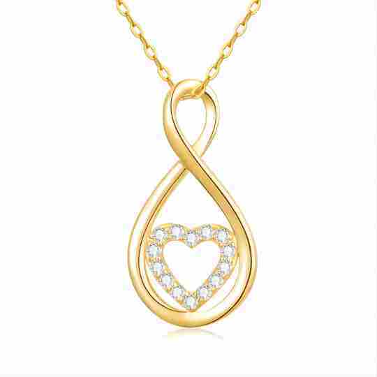 14K gouden cirkelvormige cubic zirconia hart en oneindigheid symbool hanger ketting